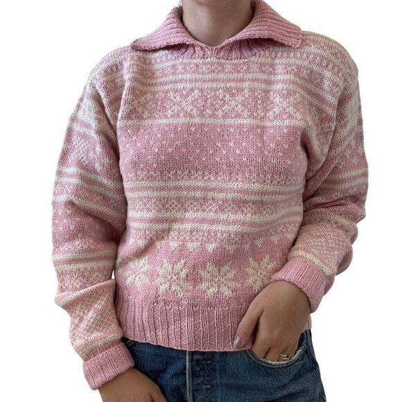 Vintage Carroll Reed Wool Pink Snowflake Valentines Day Collared Chunky Sweater - Picture 3 of 7